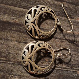 Vintage Sterling Silver Round Scroll Design Dangle Earrings  1"  5.5g